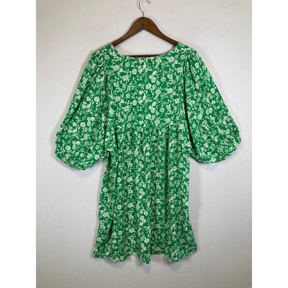 Cottagecore Dokotoo Women Large Green White Floral Puff Sleeve V-Neck Mini Dress - Picture 2 of 14